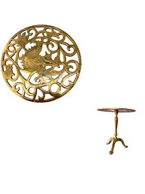 Vintage Brass Trivet Kettle Gold Stand Squirrel/Leaves for Decor, Plants, Witchy